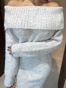 Manon Tanti Grey Off-Shoulder Turtleneck Long Sleeve Mini Sweater Dress, Loose Top Tight Bottom, Suitable For Young Ladies, Autumn/Winter,Fall - Grey - View 4