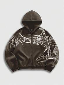 ROMWE MEN Spring Casual Graphic Men'S Zip-Up Casual Versatile Warm Hooded Sweatshirt - Coffee Brown - View 4