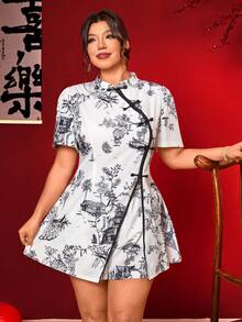 Elenzga 两件套新款中国风套装，轻便设计，纽扣门襟上衣和短裤 - 彩色 - 查看 6