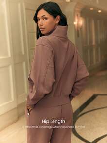 GLOWMODE Everyday Fleece Warmth Whisperer Soft Warm Lightweight Front Back Seam Detailing Pockets Batwing Sleeve High Neckline Full-Zip Jacket Autumn Winter Daily Casual - Warm Clay - View 2