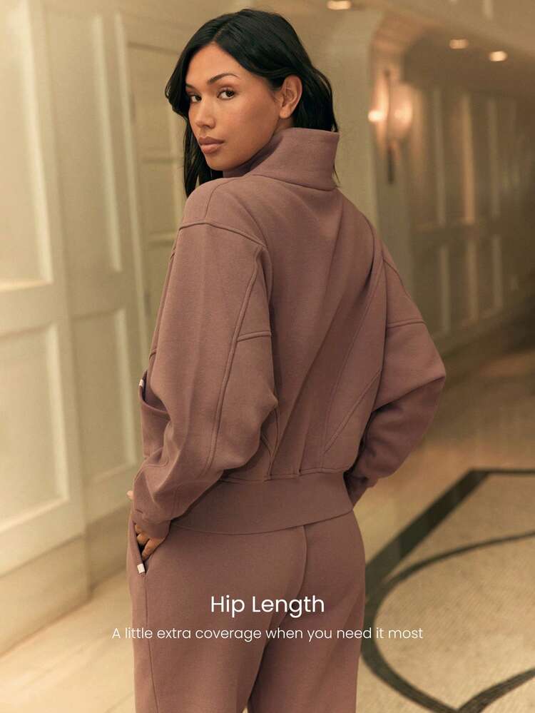 Everyday Fleece Warmth Whisperer Soft Warm Lightweight Front Back Seam Detailing Pockets Batwing Sleeve High Neckline Full-Zip Jacket Autumn Winter Daily Casual