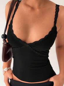 Aloruh 女士酒红色蕾丝拼接深V领修身吊带背心 - 黑色 - 查看 5