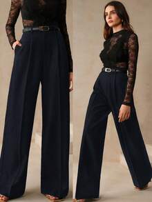Anewsta Women's Solid Color Slant Pocket Straight Leg Dress Pants, Suitable For Work - Royal Blue - View 3