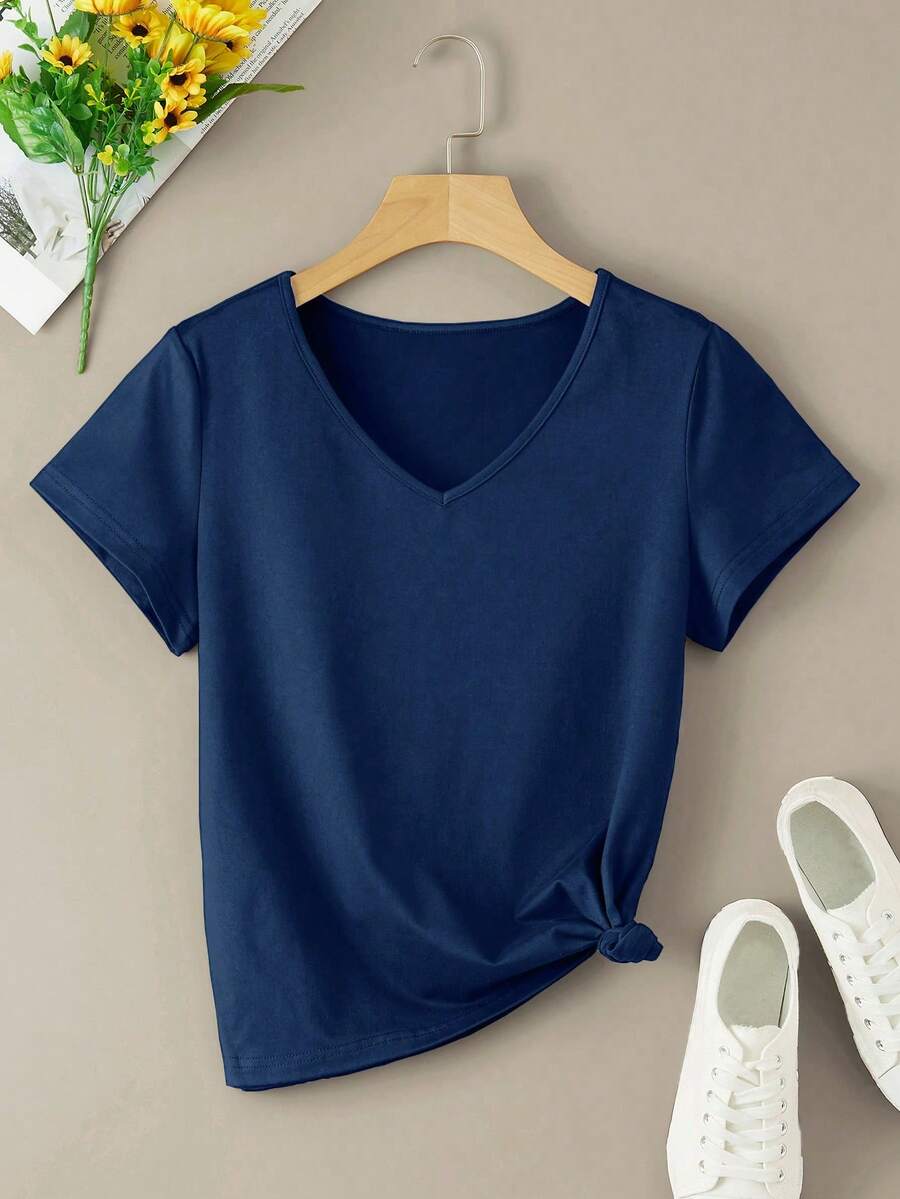 INAWLY 素色V領T恤 - 藏蓝色 - 查看 1