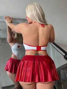 Fantasy Costume Fantasy Costume Plus Size Sexy Nurse Costume Halter Tied Milk Silk Jumpsuit + Mini Skirt 2pcs Set - Red and White - View 2