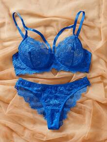 SHEIN 2pcs Women's Solid Color Minimalist Everyday Lace Bra Set With Underwire - Royal Blue - View 4