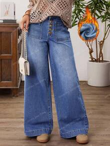 CurvyTilda Plus Size Women Button Pocket Casual Wide Leg Jeans Casual Street Patchwork Pocket Loose Wide Leg Jeans Women Jeans Baggy Loose Jeans Thermal Denim Autumn And Winter New Styles, For Hourglow & Hourglass Body Shape - Blue - View 6