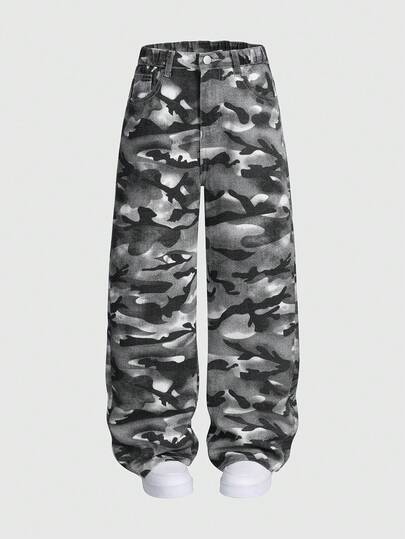 SHEIN Explorewe Denimly Boys' Casual Daily Urban Street Elastic Waist Zipper Pocket Distressed Design Straight Leg Denim Jeans