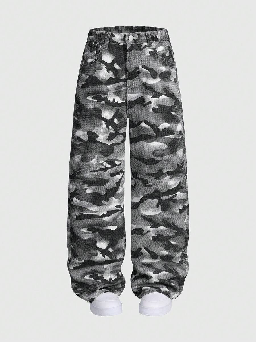 SHEIN Explorewe Denimly Boys' Casual Daily Urban Street Elastic Waist Zipper Pocket Distressed Design Straight Leg Denim Jeans - Black - View 1