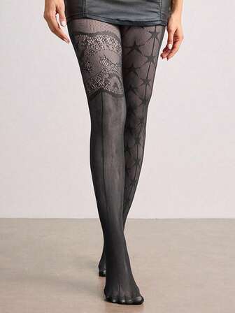 ROMWE Avant 1 Paar sexy Blumen-Spitzen-Fischnetz-Socken, Retro-schwarze Strumpfhose, leichte und elastische transparente Strümpfe