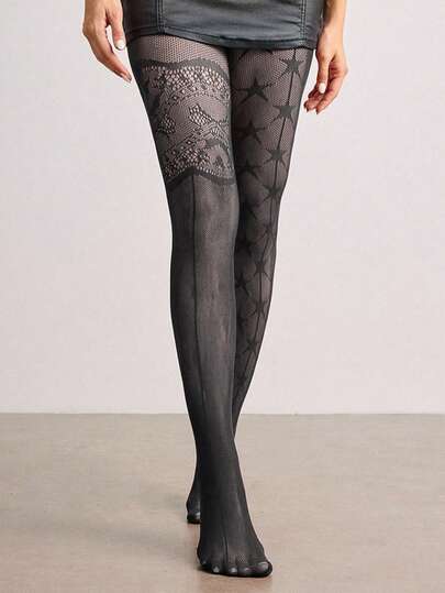 ROMWE Avant 1 Paio Di Sexy Calze A Rete In Pizzo Floreale, Calze Velate Nere Retrò, Calze Trasparenti Leggere Ed Elastiche