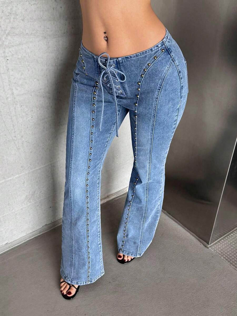 SHEIN ICON Quần jeans ống loe dáng đường phố phong cách retro vintage dành cho nữ cỡ lớn, màu xanh đậm. - Rửa nhẹ - Xem 1