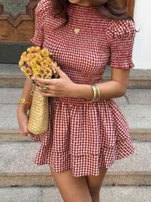 Sunnyshic 女士红色格子荷叶领短款连衣裙，松紧腰A字裙摆，浪漫海滩度假风，春夏款 - 紅色 - 查看 2