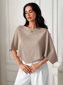 EURMUSE Poncho Top, Asymmetric Hemline, One-Shoulder Design, Lightweight Fabric, Relaxed Fit Silhouette, Minimalist Chic Style, Timeless Neutral Tone, Effortless Elegant Look - Camel - View 3