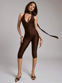 Hauture Women's Simple Sexy Elegant Going Out Bodycon Halter With Neck Tie Capri Jumpsuit - Brown - View 4