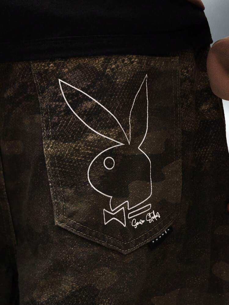 PLAYBOY X SUMWON Wide Leg Camouflage Printed Jeans
