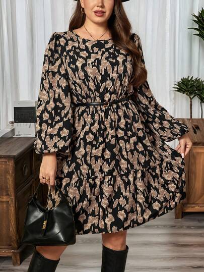 SHEIN LUNE Plus Size Valentine Outfits For Women Spring/Autumn Casual Leopard Print Summer Outfits For Women Dress Winter Clothes Holiday Outfits For Women Plus Size Long Sleeve Dress Women Plus Dress Autumn Dress Plus Size Print Dress Summer Resort Dresses