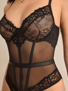 Charlaine 黑色蕾丝透视性感露背连体衣，舒适百搭，适合日常、办公、休闲穿着。 - 黑色 - 查看 7