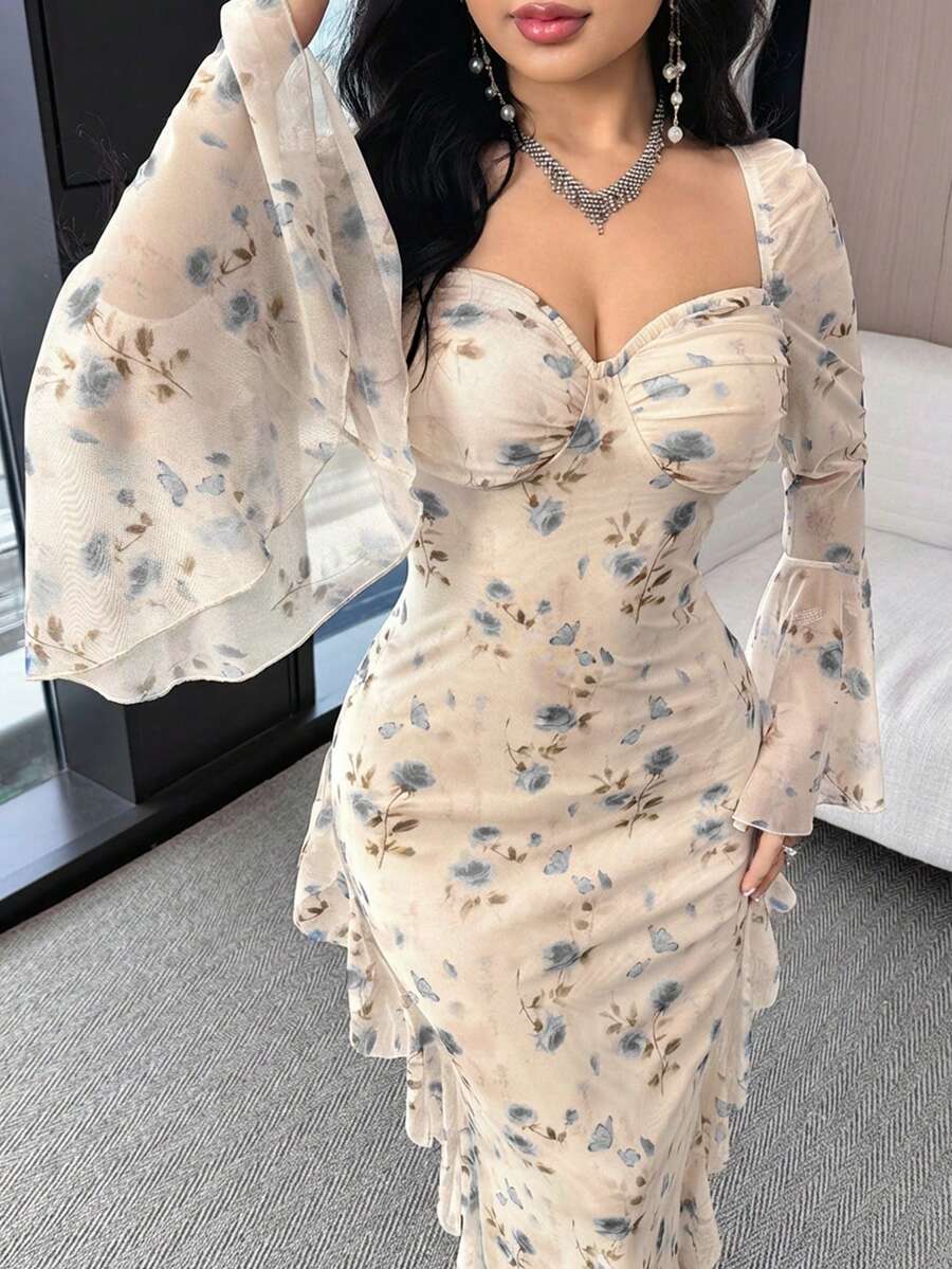 Feyla Women's Sweetheart Collar Flare Sleeve Ruffle Hem Slim Fit Elegant Long Dress, Summer Floral Dress Elegant Sheer Dress - Baby Blue - View 1