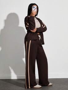 EURMUSE Chic Contrast – Brown Cotton Sweat Long Sleeve And Wide Leg Set With Beige Trim For Effortless Street Style / Elevated Essentials – Brown Loungewear Set With Beige Detailing