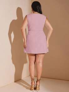 SHEIN BAE Plus Size Women's Red Ruched Mini Dress, Elegant Beach Vacation Dress For Spring/Summer Plus Size Dress Lilac Dress Plus - Pink - View 5