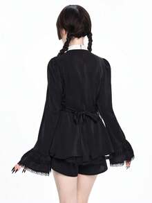 ROMWE Gothic Dark Peter Pan Collar Bow Tie Cross Pendant Fitted Shirt & Shorts 2 Pieces Set - Black - View 9