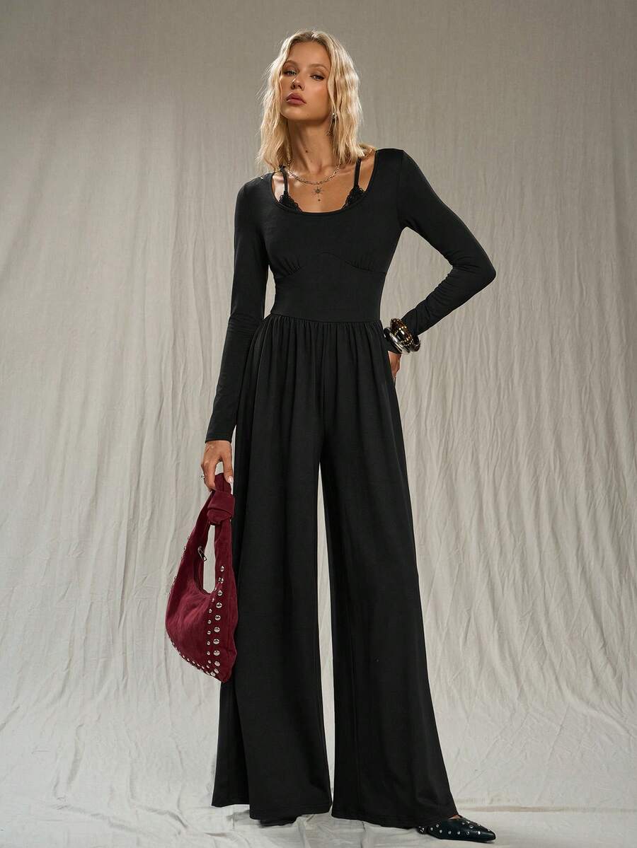 TRNVIE Mono de mujer de encaje y plisado en negro de 2 en 1 para otoño/invierno - Negro - Ver 1