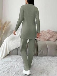 EURMUSE Cotton Women's Solid Color Dropped Shoulder Ribbed T-Shirt And Pants Set - Olive Green - View 2