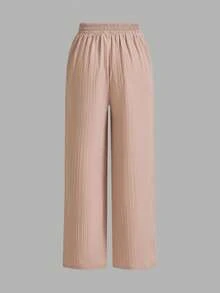 SHEIN Essnce 女士休闲纯色弹力腰直筒裤 - 紅色 - 查看 6