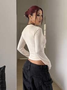 StreetHx Women's Apricot New Chinese Style Button Decor Dragon Print Slim Fit Comfortable Streetwear Y2K Retro 2000s Style Stand Collar Long Sleeve T-Shirt - White - View 2