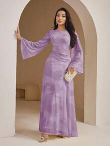 Veilorie Đầm nữ thanh lịch in họa tiết toàn thân, eo thon, tay xòe, thích hợp cho mùa thu. - Màu tím hoa cà - Xem 8