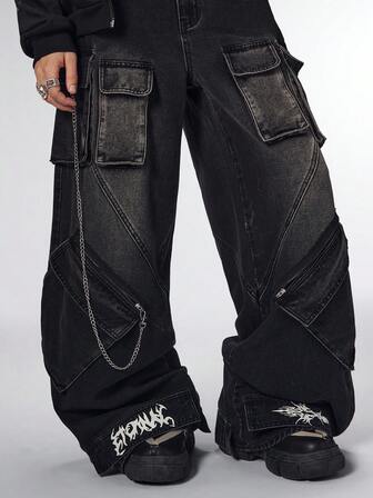 Street Life Jeans décontractés à jambes larges et amples pour hommes, avec poches multiples et effet délavé