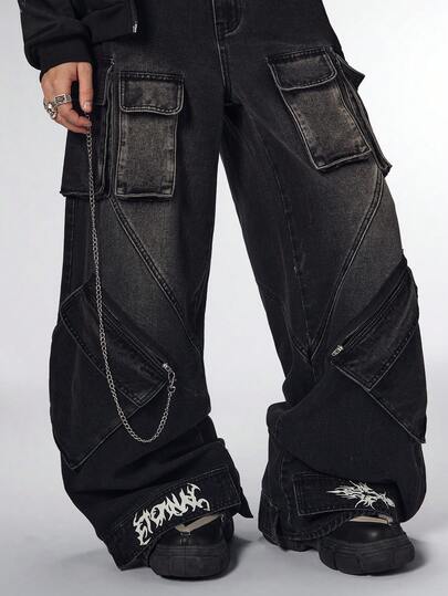 Street Life Herren Loose Fit Weite Bein Lässig Jeans mit Mehreren Taschen und Destroyed-Effekt