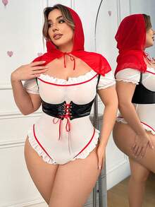 Fantasy Costume 大码女士荷叶边露肩泰迪熊连体睡衣，配腰带和披肩 - 紅白色 - 查看 3