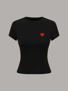 GlowEve Áo thun nữ tay ngắn cổ tròn thêu hình trái tim phong cách thường ngày - Nhiều màu - Xem 3