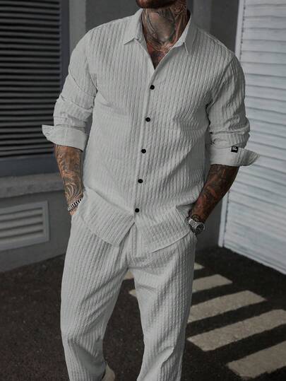 Manfinity CasualCool Men's Solid Color Front Button Long Sleeve Casual Shirt Set Mens Co Ord Set Men 2 Piece Set,Spring And Summer New Men's Two-Piece Shirt Set, Men's Solid Color Striped Long-Sleeved Shirt Set