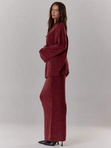 MUSERA 针织宽松套头衫搭配咕噜姆长裙，酷女孩街头风可爱秋季冬季新年感恩节春季情人节 - 酒紅色 - 查看 4