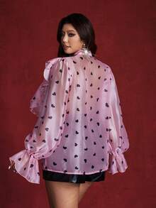 Viva Relle Valentine Plus Size Long Sleeve Heart Ruffle Hem Delicate Elegant French Fashion Blouse - Pink - View 6