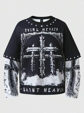 T-shirt col rond pour hommes 2 en 1 col rond, pull à manches longues, pull à manches longues avec imprimé croix de la foi, convient pour le port casual quotidien