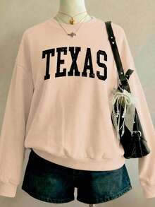 Sudadera para mujer estampado texas letras negras cuello redondo y puños estampado  calientita para el  invierno otoño primavera - arena - Ver 1