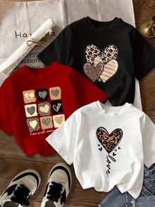 Playera 1pza con diseño de corazones con estilo animal print, estampado, moderno, casual de mujer, cuello redondo, manga corta, ideal para todos los días y San Valentín, llamativa, moderna, holgada, ideal para tí. - Negro - Ver 1