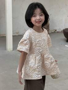 DAZY Young Girls Textured Puff Sleeve Short Sleeve Blouse, Fall Clothes Spring - Apricot - View 4
