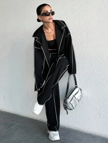 EURMUSE Women'S Color-Block Cropped Top And Shorts Set With Contrast Trim - Black - View 3