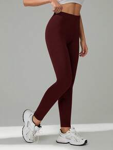 SHEIN Tall Women's Red Violet Knitted Fabric Plain Skinny Long Casual Pants Women Leggings Leggings - Red Violet - View 7