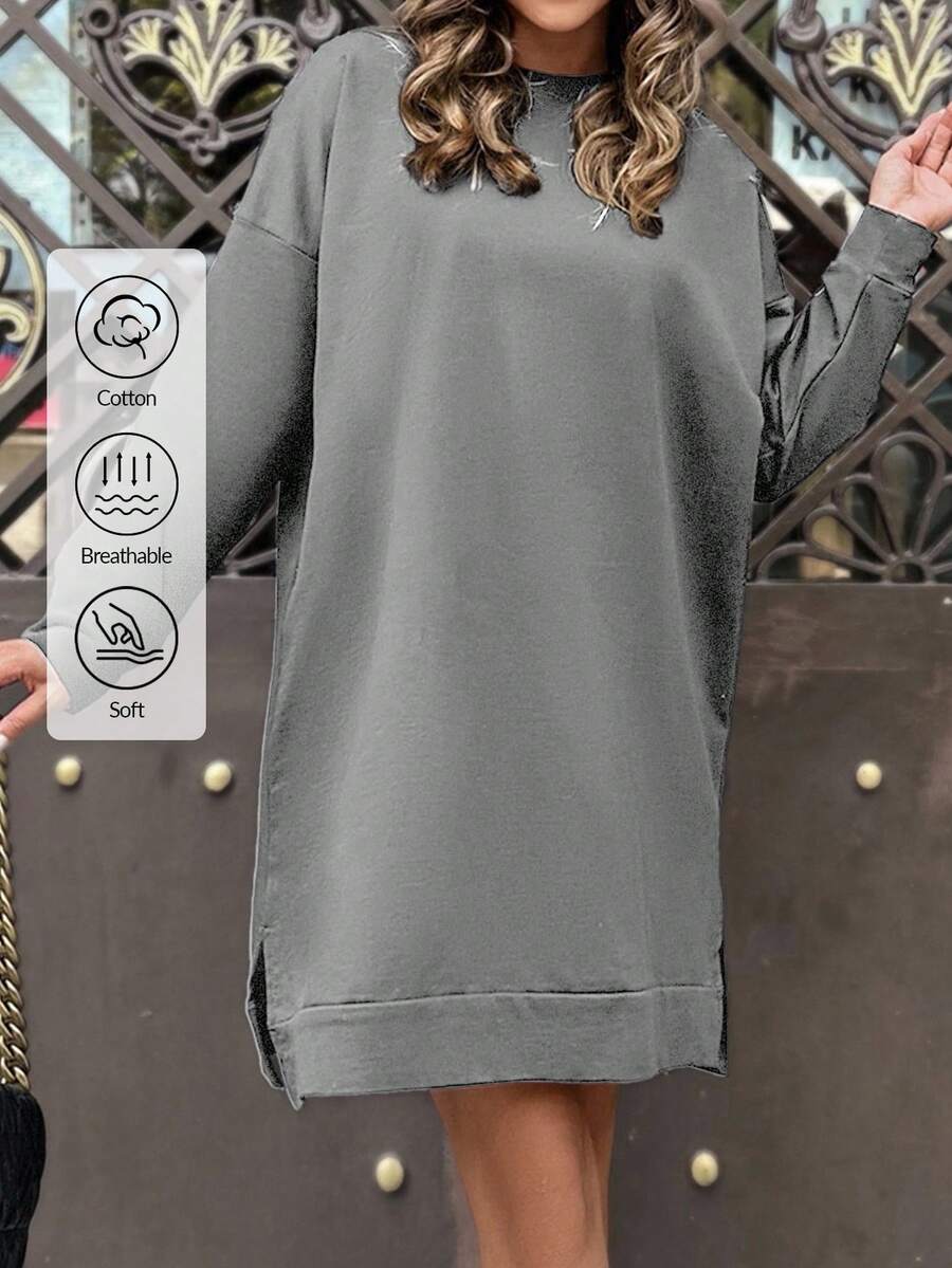 EURMUSE 棉质纯色落肩开衩下摆卫衣连衣裙 - 灰色 - 查看 1