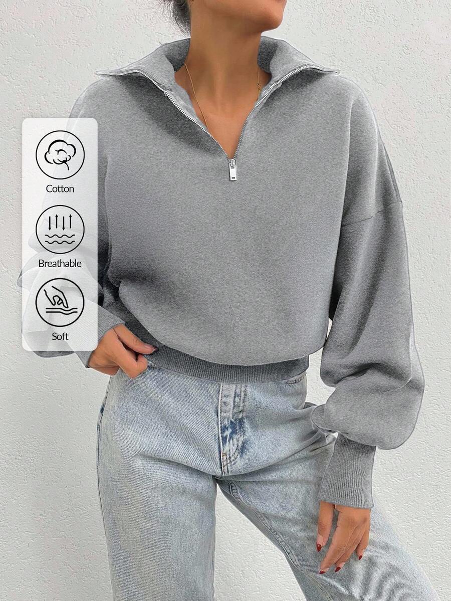 EURMUSE Sudadera oversize de 100% algodón con cremallera y patrón de cuello - Gris - Ver 1