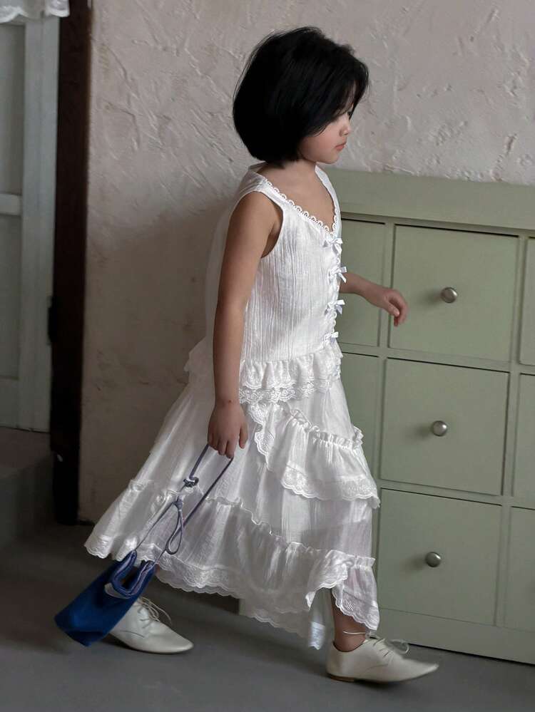 Young Girls' Elegant Lace Trim Bow Decor Camisole And Skirt Set, Summer