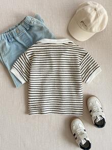 PrepCrw Young Boys' Contrast Collar Striped Short Sleeve Sweatshirt, Collegiate Style - Black and White - View 3