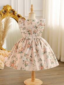 Glamorique Kids Young Girl Floral Print Color Block Ruffle Armhole Bow Tie Waist Flared Hem Party Dress Girl Floral Dress Bows Dress Apricot Dress For Girl Elegant Flower Girl Dress Princess Dress For Girl - Pink - View 2