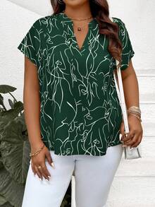 SHEIN LUNE Blouse décontractée à manches courtes pour femmes grandes tailles, minimaliste et , convient pour l'été et les vacances de printemps - Vert sapin - Voir 4